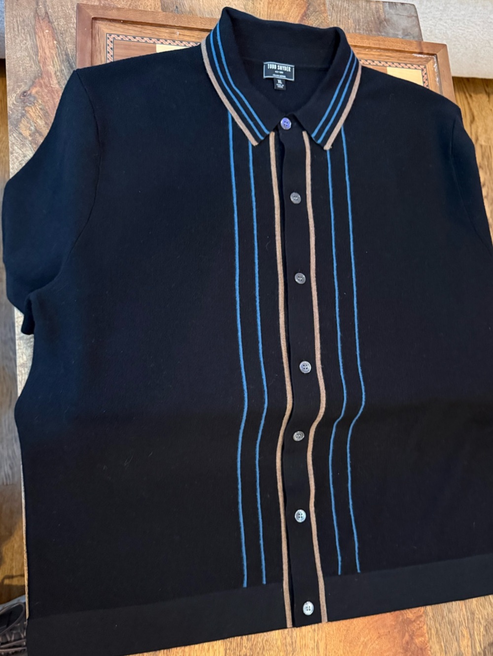 Todd Snyder Men’s XL Italian Merino Black Striped Full Button Knit Sweater Polo